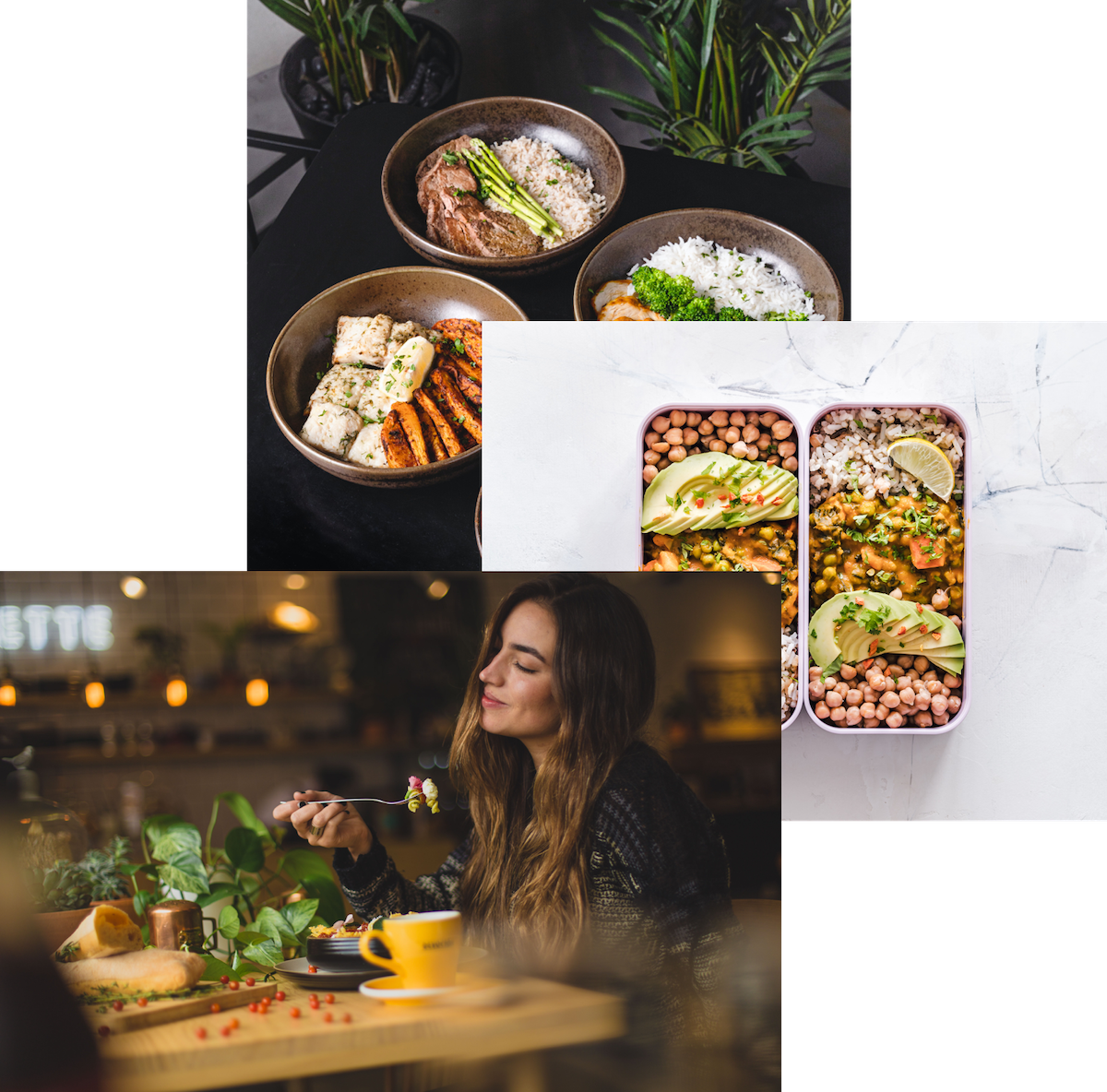 woman eating food, meals in storage container and food bowls on a table 